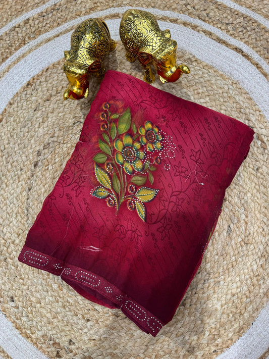 RR-SUNFLOWER WEIGHTLESS SAREE WITH BEAUTIFUL PRINT DESIGN WITH SIROSKI ON BUTTA AND WITH SIROSKI LACE