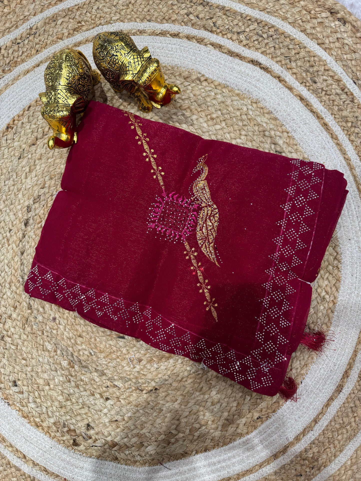SJ-LALBAGH PREMIUM SIMMER SAREE SIRSOKI BORDER WITH BEAUTIFUL PEACOCK DESIGN EMBRODIERY WORK  WITH SIROSKI