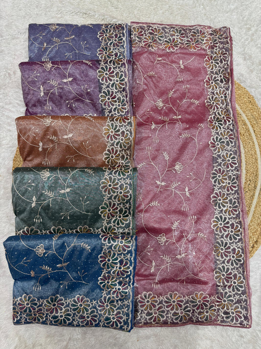 SJ-CHAKARI PREMIUM TWILL NET SAREE WITH BEAUTIFUL FLOWER C-PALLU DESIGN WITH JAREE WORK WITH SIROSKI ALL OVER