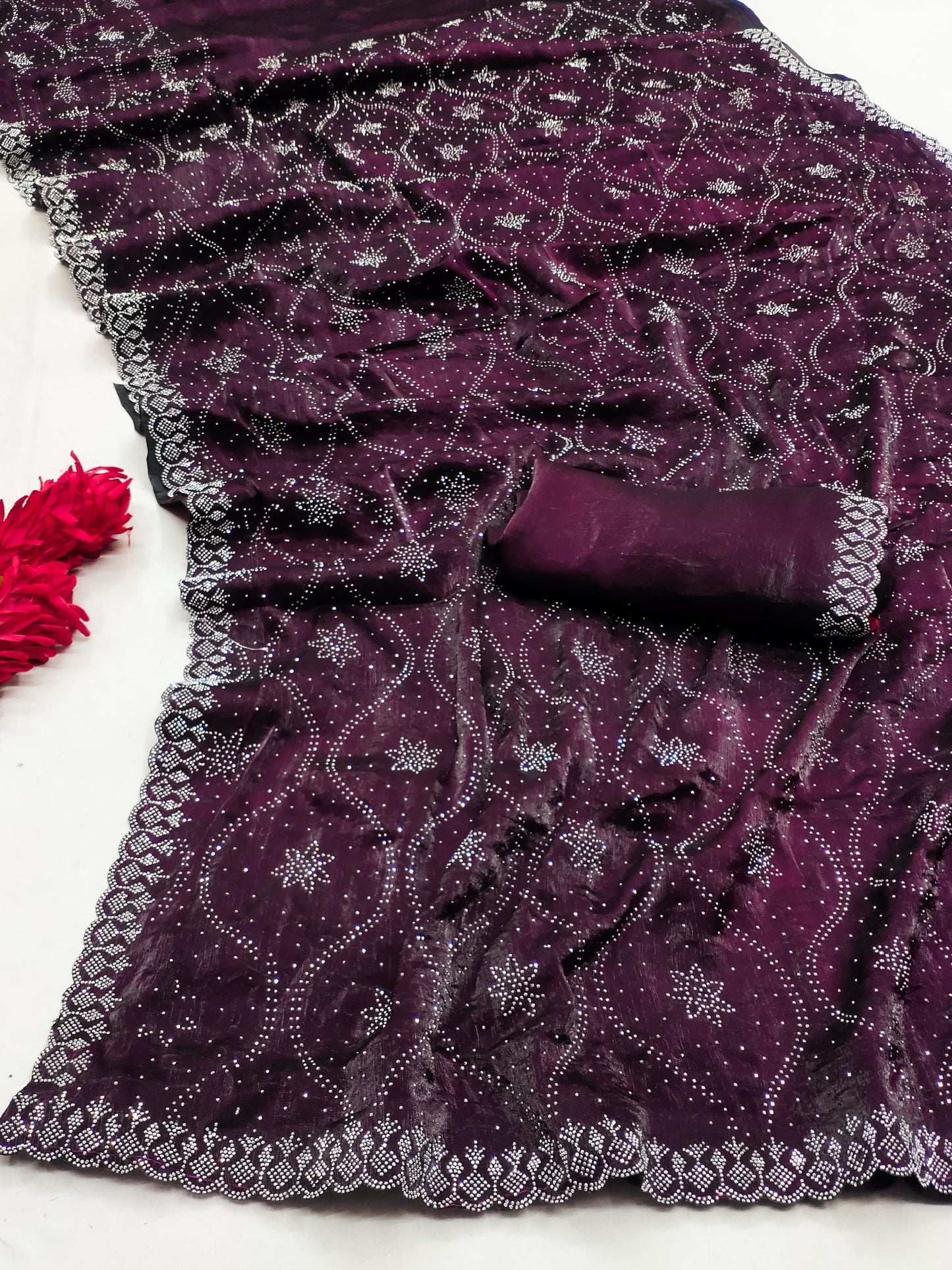 SW-TRIVENI TRENDING FENDI CHIFFON SAREE WITH HEAVY SWAROVSKI DESIGN ALL OVER THE SAREE