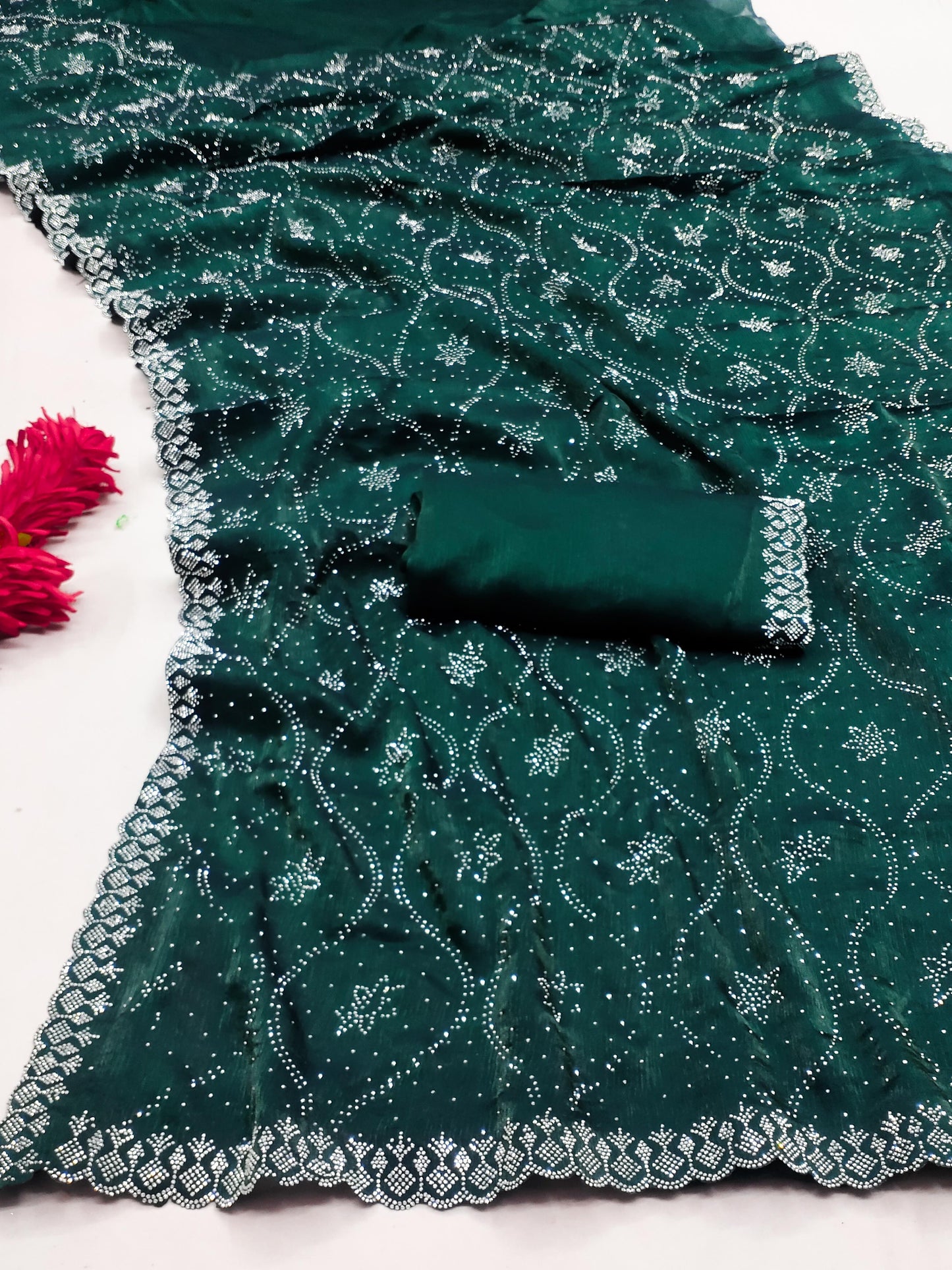 SW-TRIVENI TRENDING FENDI CHIFFON SAREE WITH HEAVY SWAROVSKI DESIGN ALL OVER THE SAREE