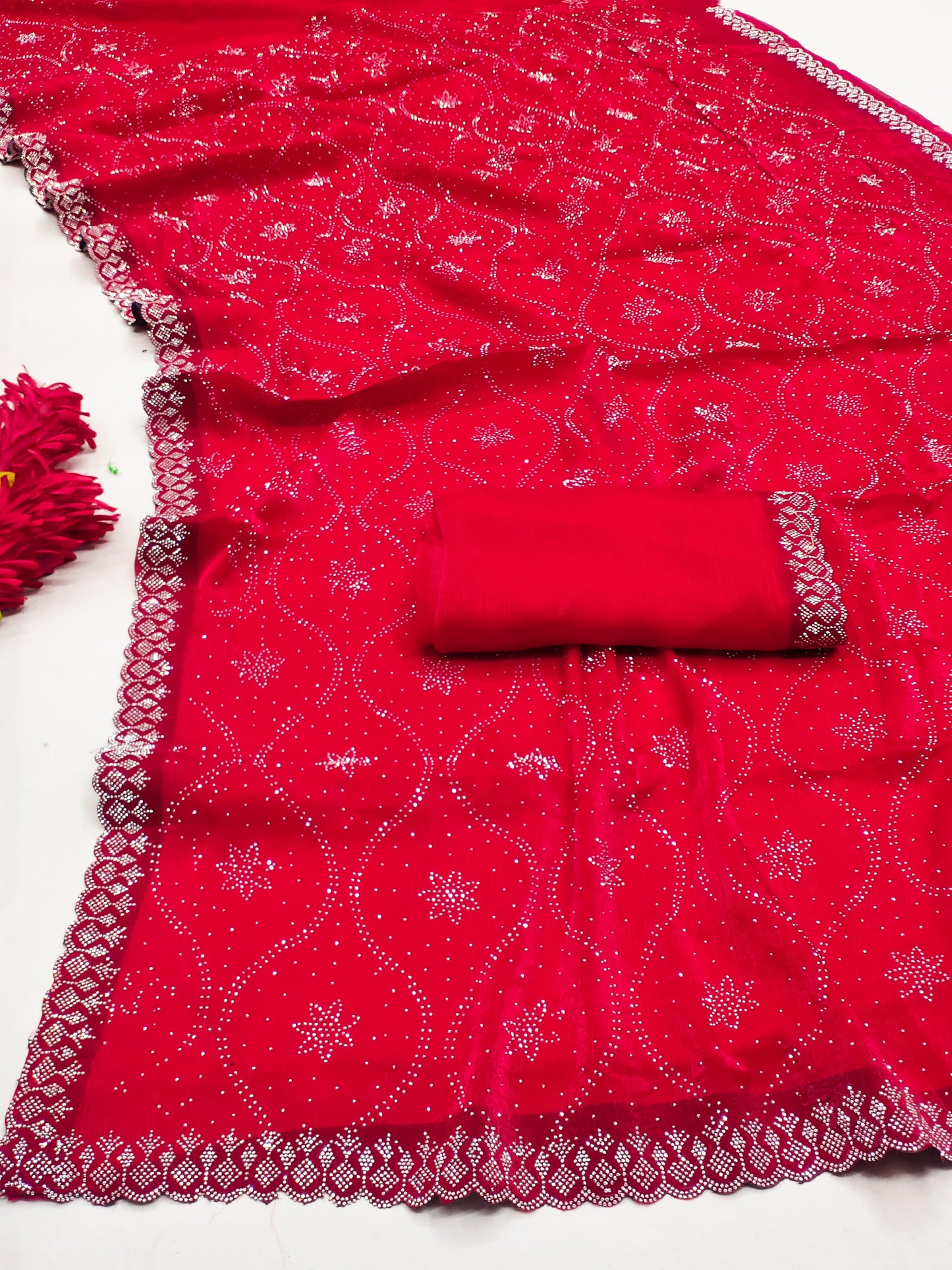SW-TRIVENI TRENDING FENDI CHIFFON SAREE WITH HEAVY SWAROVSKI DESIGN ALL OVER THE SAREE