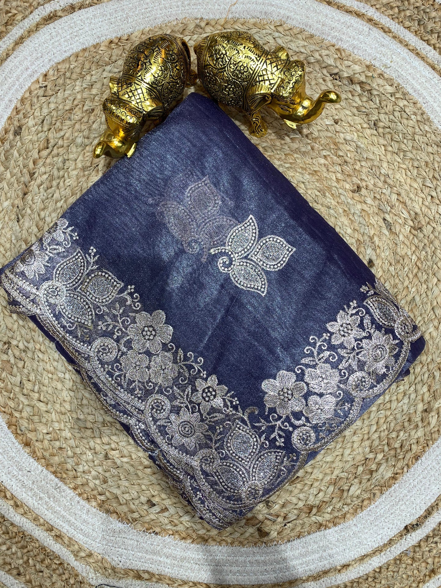 KAS-CHAR-DHAM PREMIUM TWILL NET SAREE WITH SILVER EMBROIDERY WORK ALL OVER