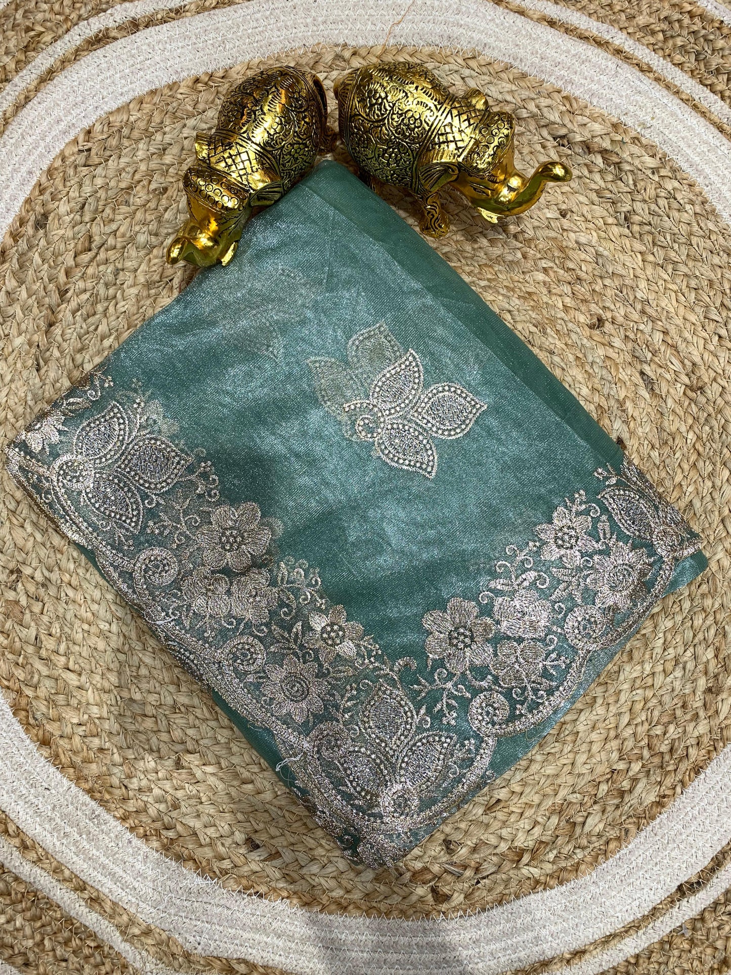 KAS-CHAR-DHAM PREMIUM TWILL NET SAREE WITH SILVER EMBROIDERY WORK ALL OVER