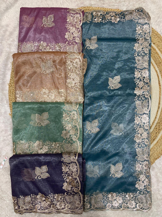 KAS-CHAR-DHAM PREMIUM TWILL NET SAREE WITH SILVER EMBROIDERY WORK ALL OVER