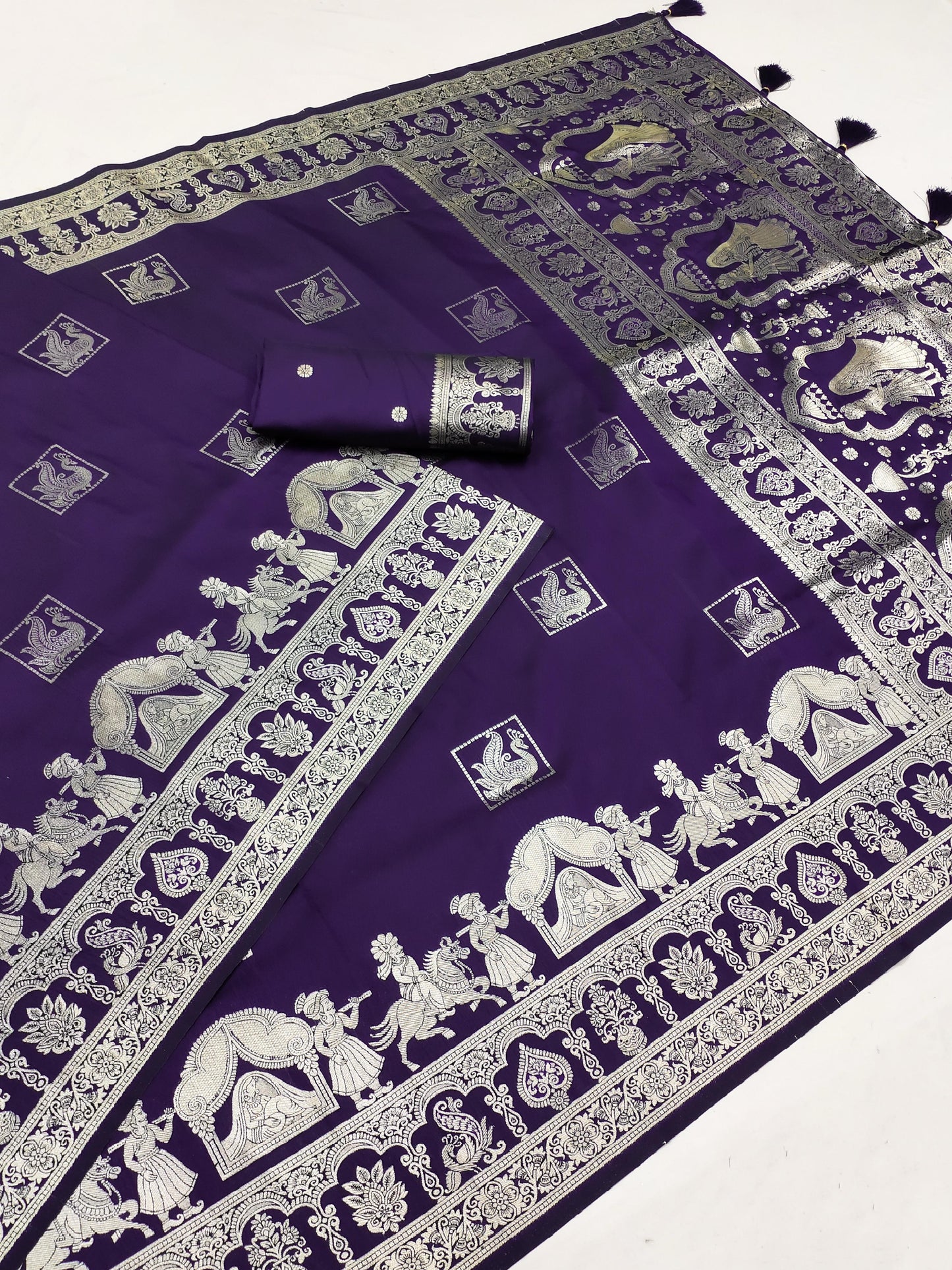 AJ-ROYAL PREMIUM SOFT SILK SAREE WITH BEAUTIFUL PATLI WORK WITH BAHARAT PRINT ON PALLU WITH PEACOCK ALL OVER