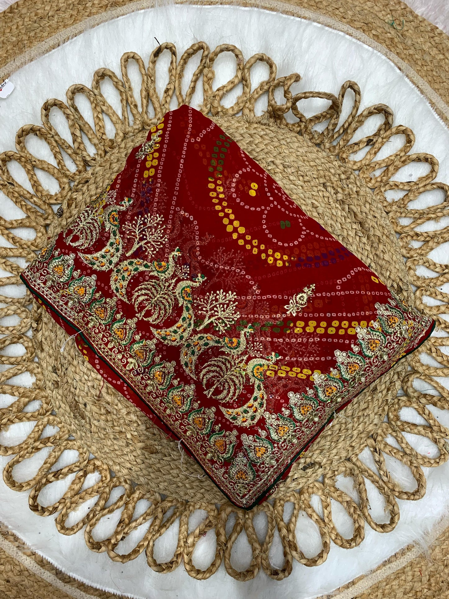 BS-MEGH-DHOOT   PREMIUM CHIFFON SOFT CHUNRI SAREE WITH BEAUTIFUL PATLI  WORK WITH PEACOCK DESIGN WITH SIROSKI WITH HEAVY BLOUSE