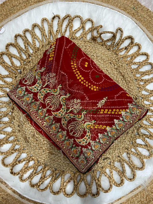 BS-MEGH-DHOOT   PREMIUM CHIFFON SOFT CHUNRI SAREE WITH BEAUTIFUL PATLI  WORK WITH PEACOCK DESIGN WITH SIROSKI WITH HEAVY BLOUSE