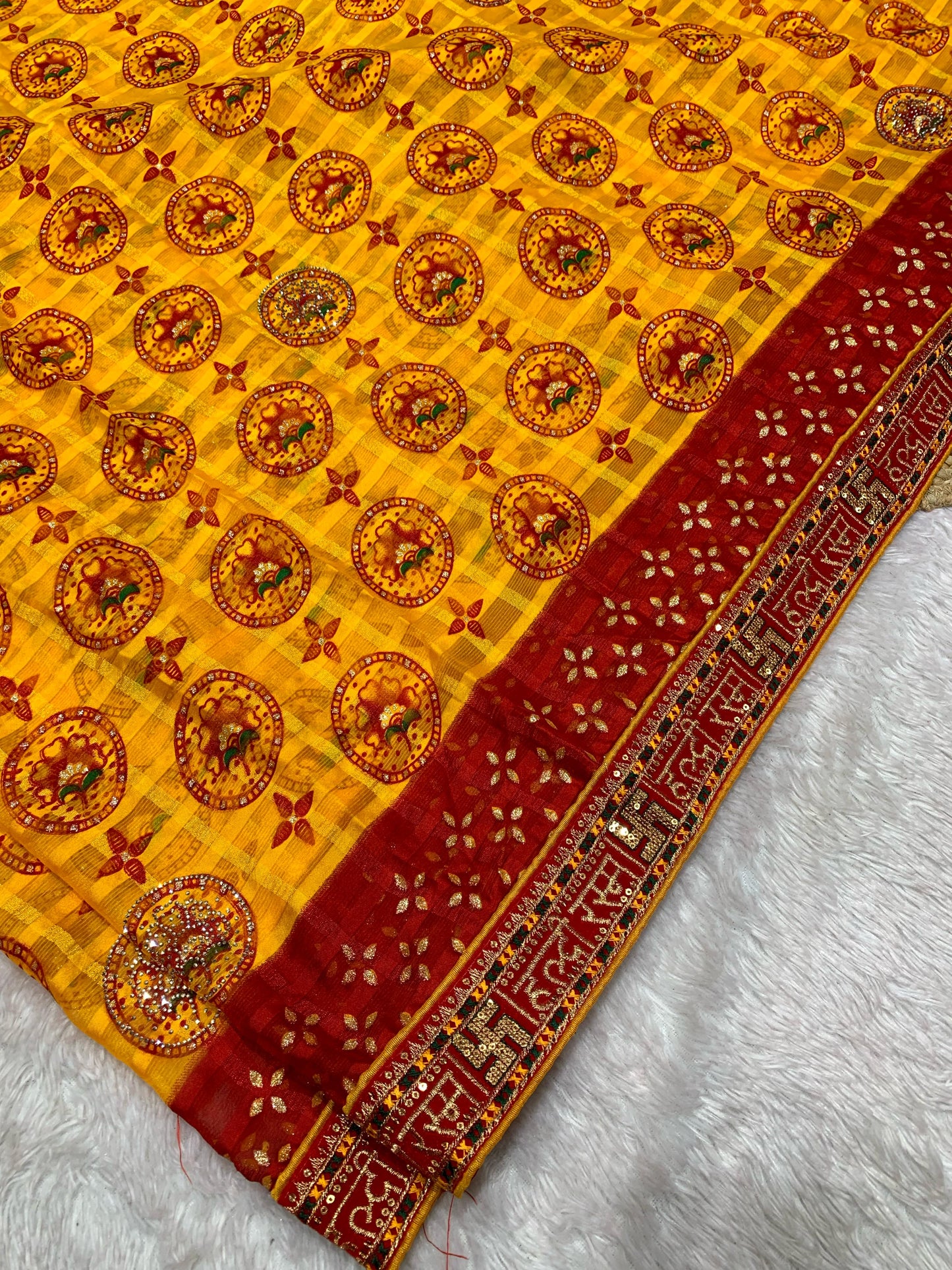 BS-MANDAKINI PREMIUM CUNRI SAREE HALDI SPECIAL WITH BEAUTIFUL DESIGN WITH SWASTIK AND HALDI ON BORDER WITH SIROSKI