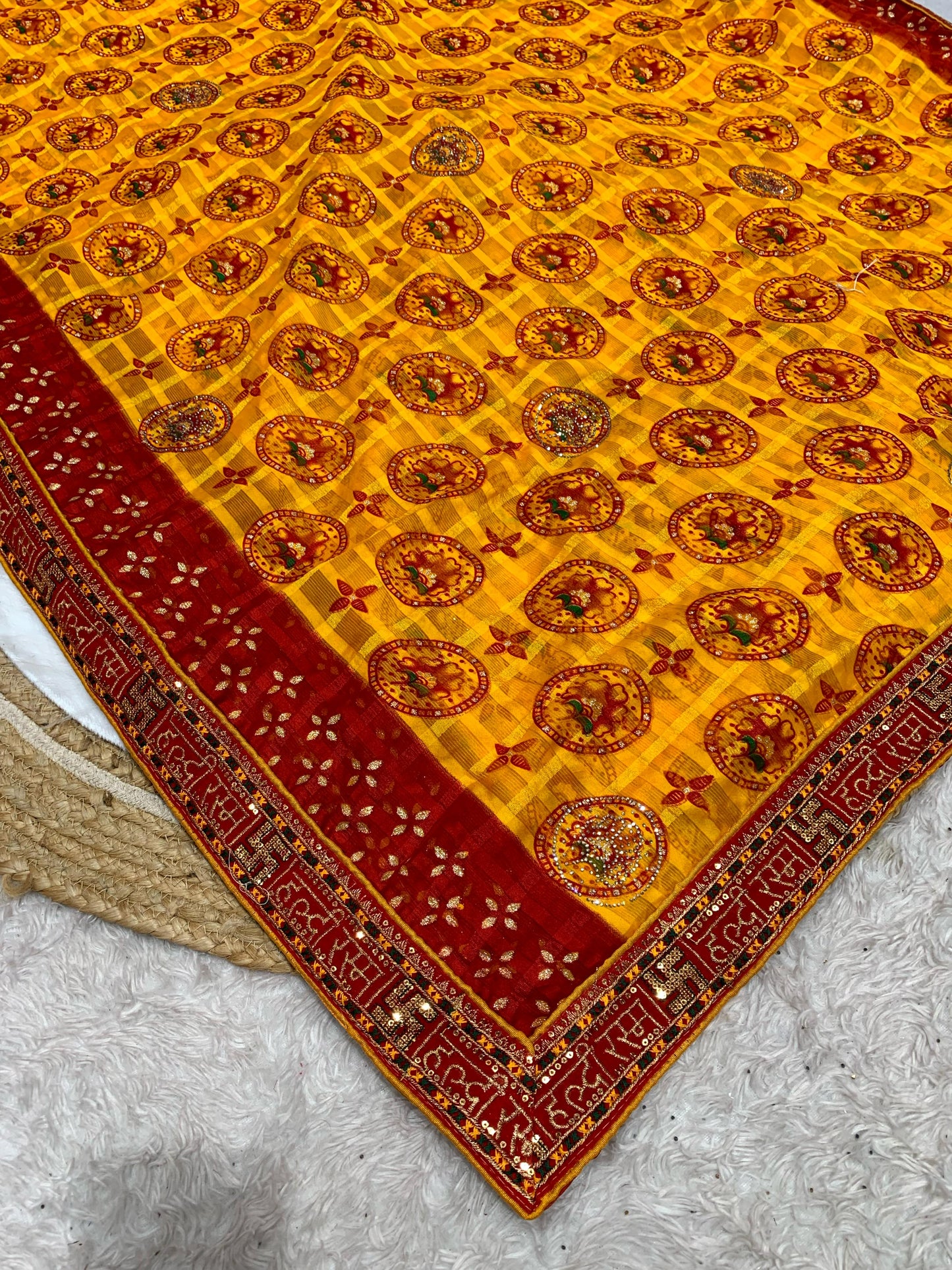 BS-MANDAKINI PREMIUM CUNRI SAREE HALDI SPECIAL WITH BEAUTIFUL DESIGN WITH SWASTIK AND HALDI ON BORDER WITH SIROSKI