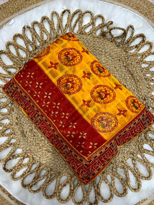 BS-MANDAKINI PREMIUM CUNRI SAREE HALDI SPECIAL WITH BEAUTIFUL DESIGN WITH SWASTIK AND HALDI ON BORDER WITH SIROSKI