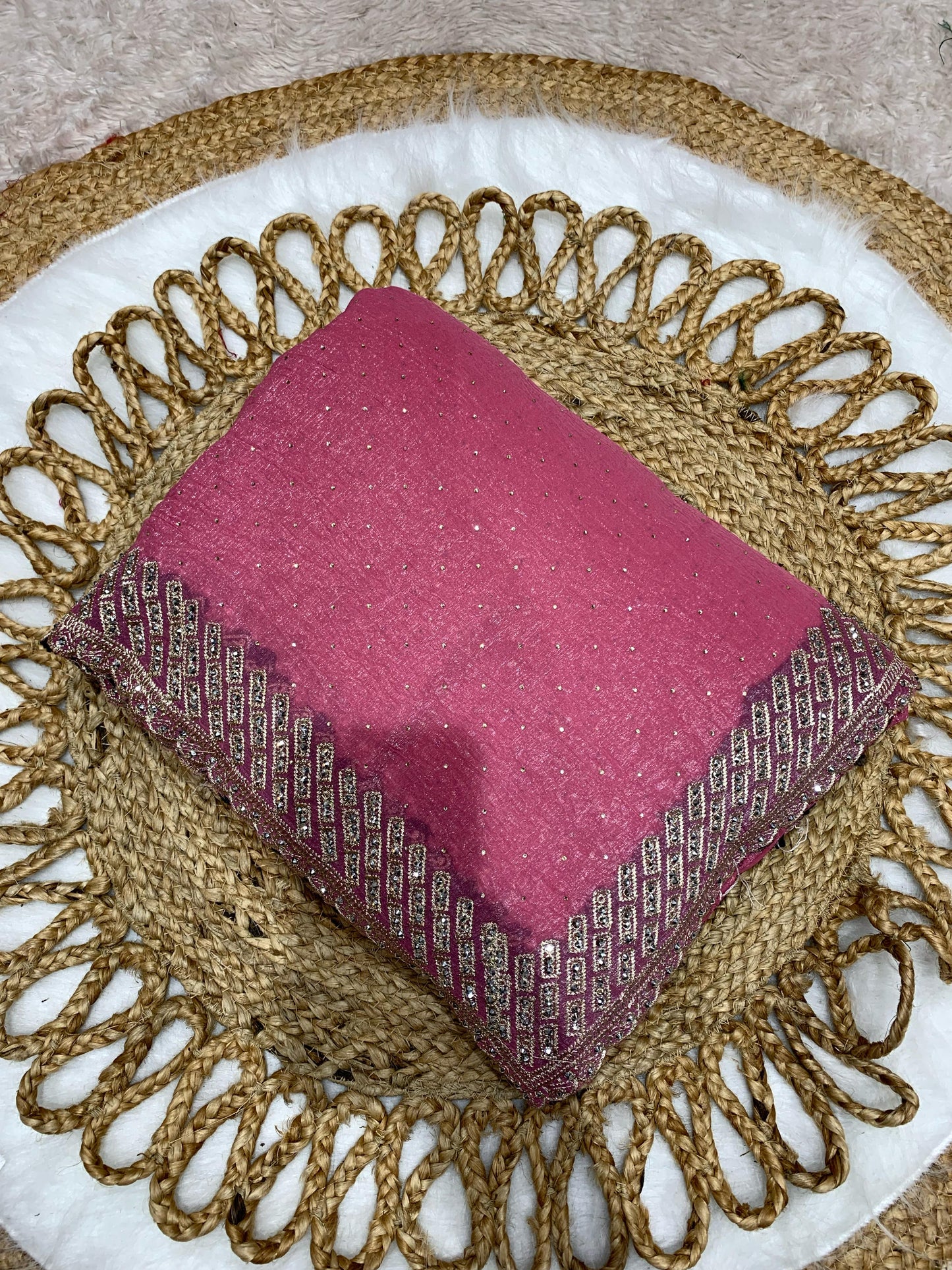 BS-PALLAVI PREMIUM FENDI SAREE WITHOUT JHARKAN UNIQUE WORK ALL OVER WITH CUTWORK BORDER