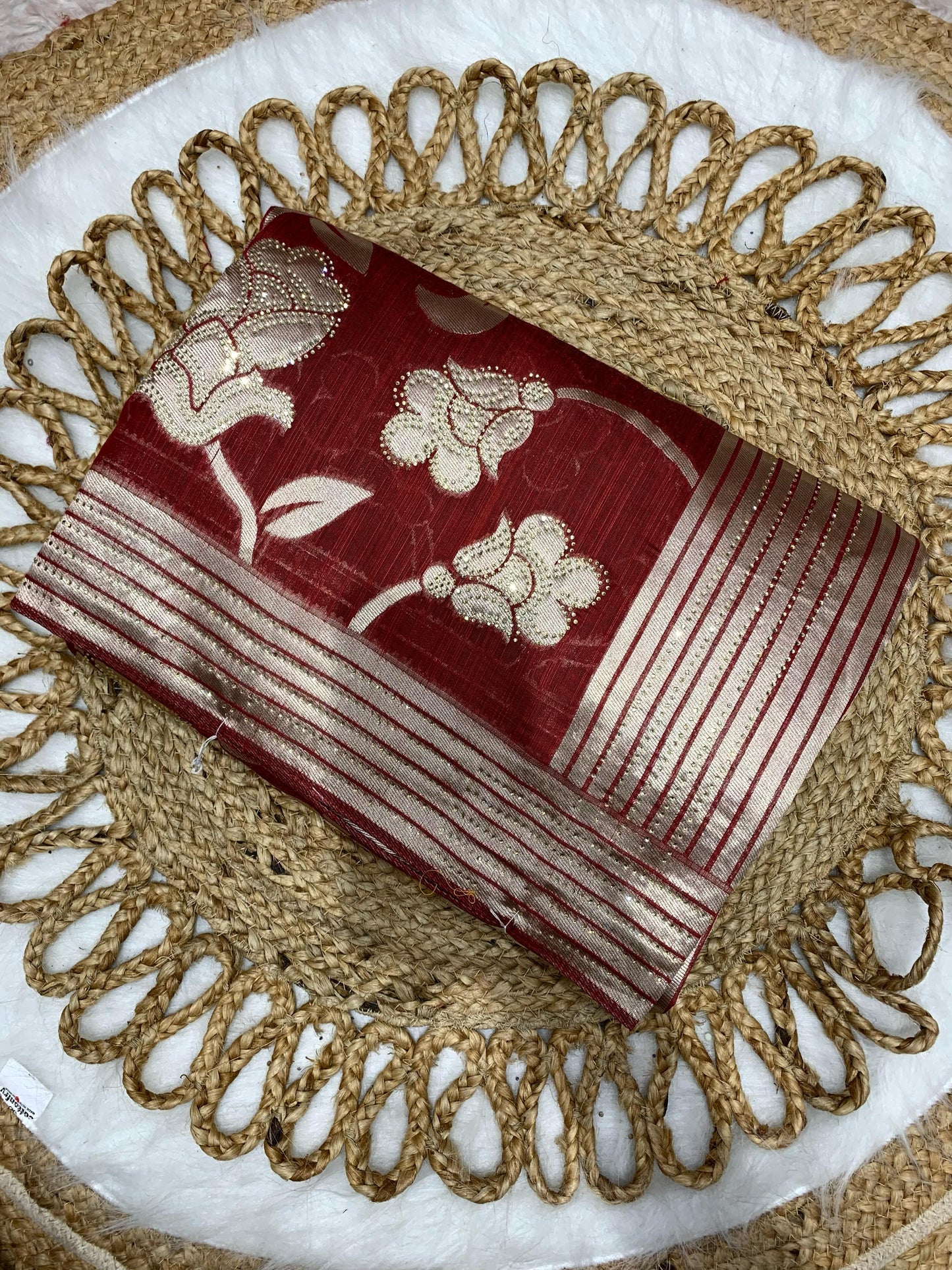 BS-CHANDRAYAN PREMIUM LINEN COTTON SILK WITH STONE WORK ALL OVER WITH BEAUTIFUL BIG FLOWER DESIGN ALL OVER WITH RICH PALLU