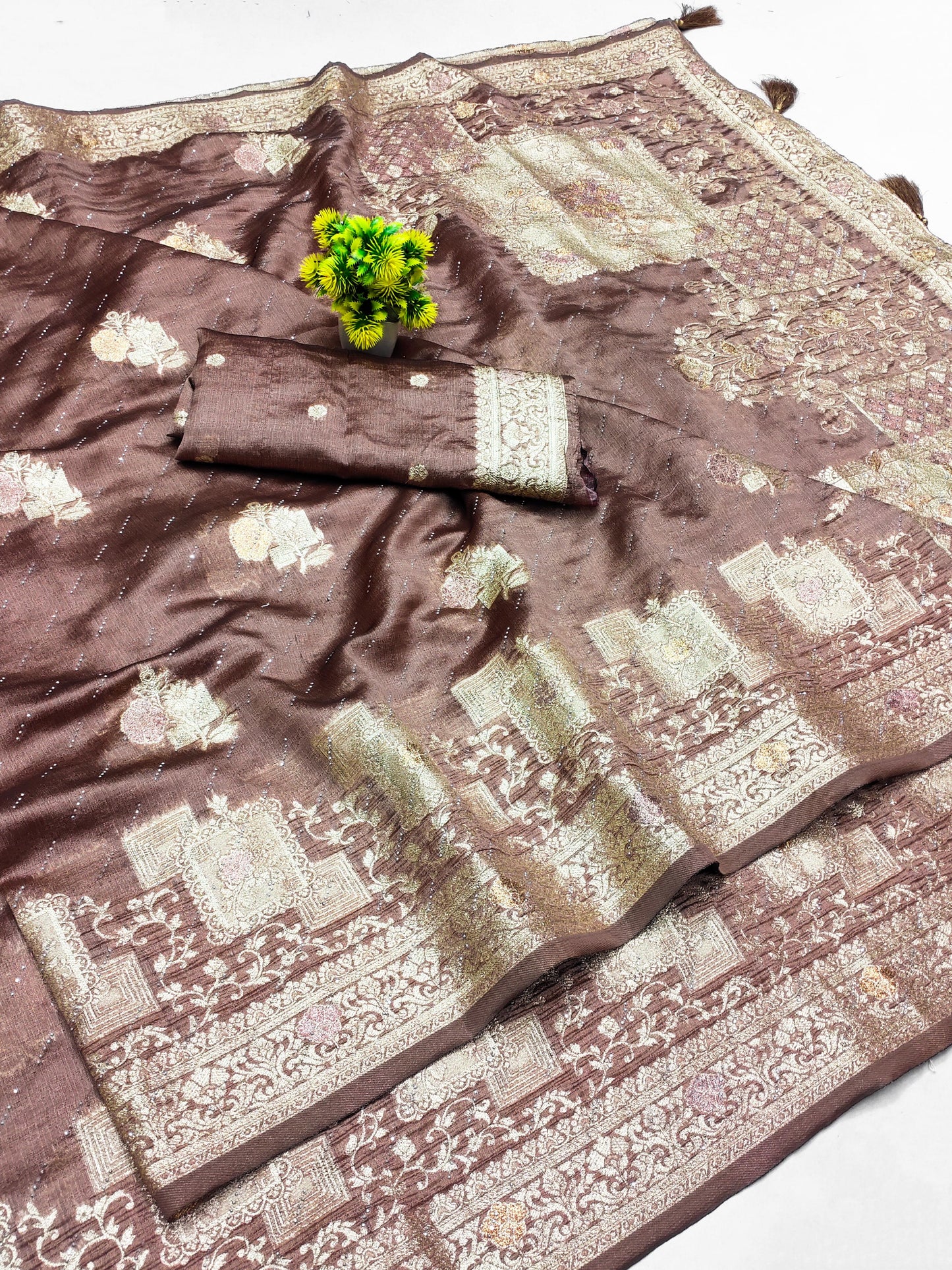 AJ-SPACE PREMIUM KHADI SILK SAREE WITH GRAND PALLU WITH BEAUTIFUL DESIGN WITH SIROSKI ALL OVER WITH TASSELS ATTACHED ON PALLU