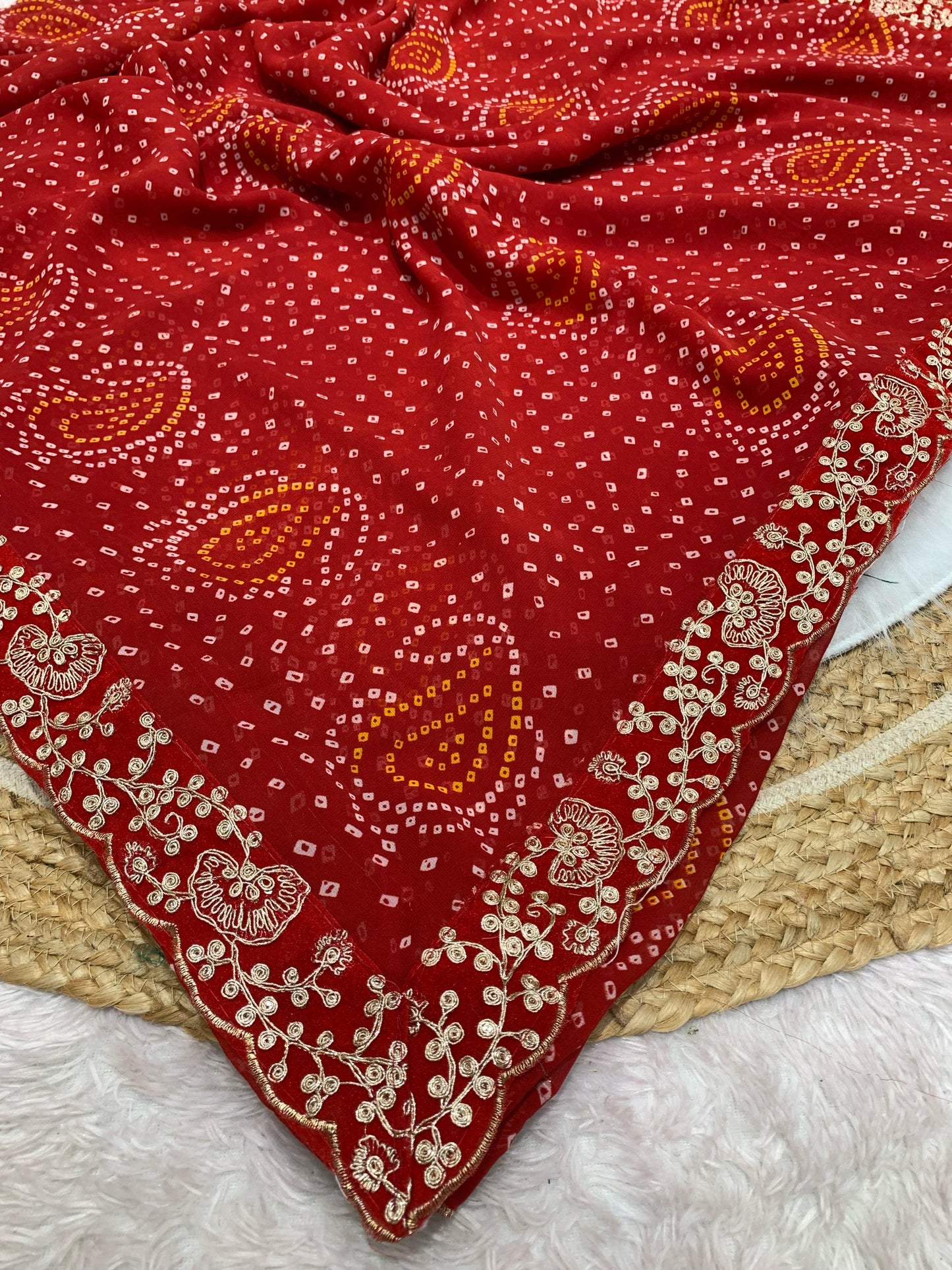 KAS-POOJA PREMIUM BANDHANI CHUNRI SAREE SPECIAL RED COLLECTION WITH PITA WORK BORDER ALL OVER