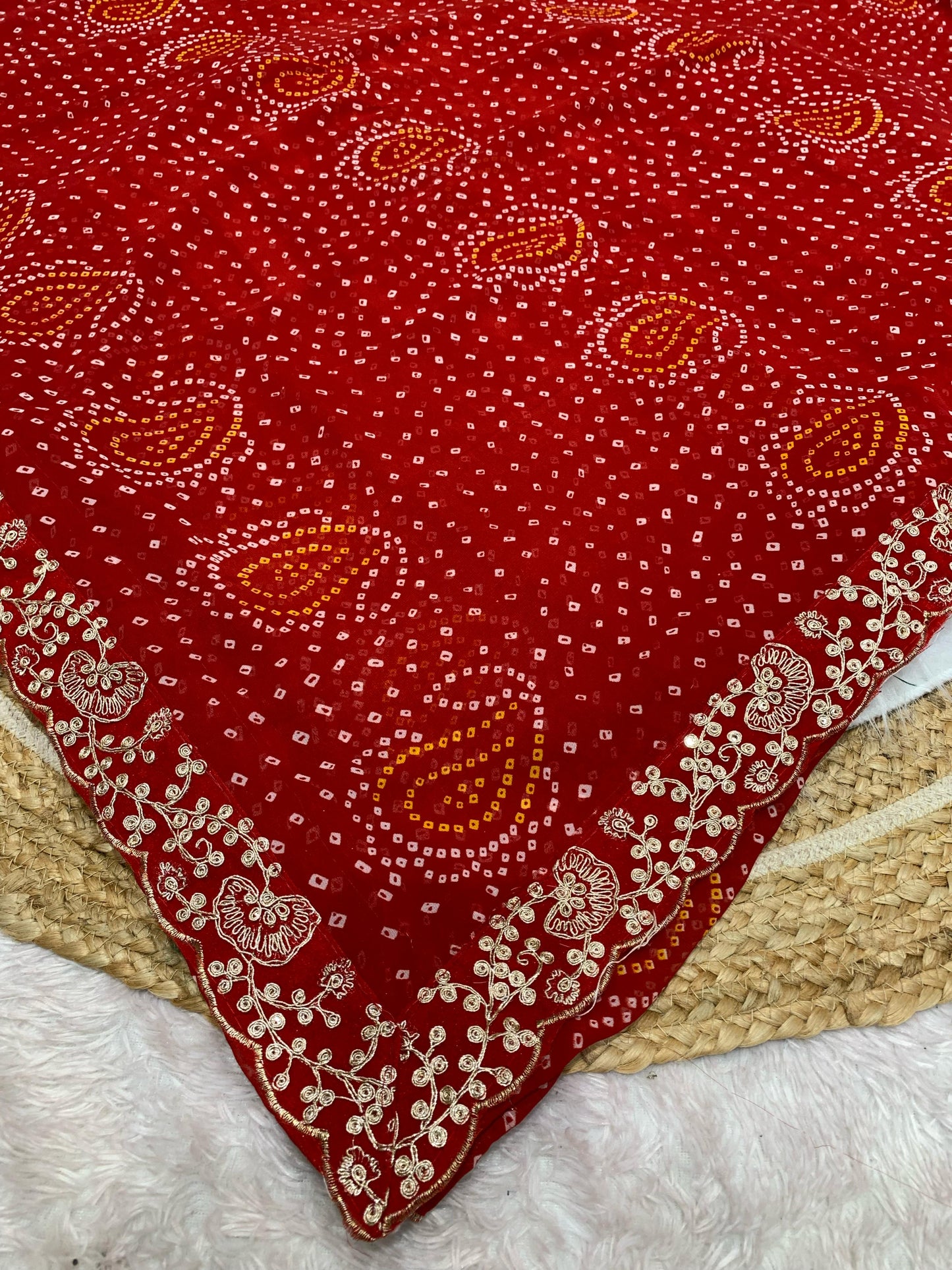 KAS-POOJA PREMIUM BANDHANI CHUNRI SAREE SPECIAL RED COLLECTION WITH PITA WORK BORDER ALL OVER