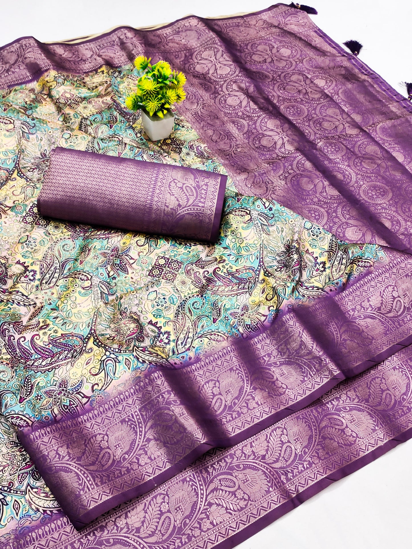 DP-NEWYORK ITALIAN DOLA SILK SAREE WITH BEAUTIFUL FLORAL DESIGN WITH PREMIUM BORDER DESIGN WITH RICH PALLU WITH TASSELS ATTACHED