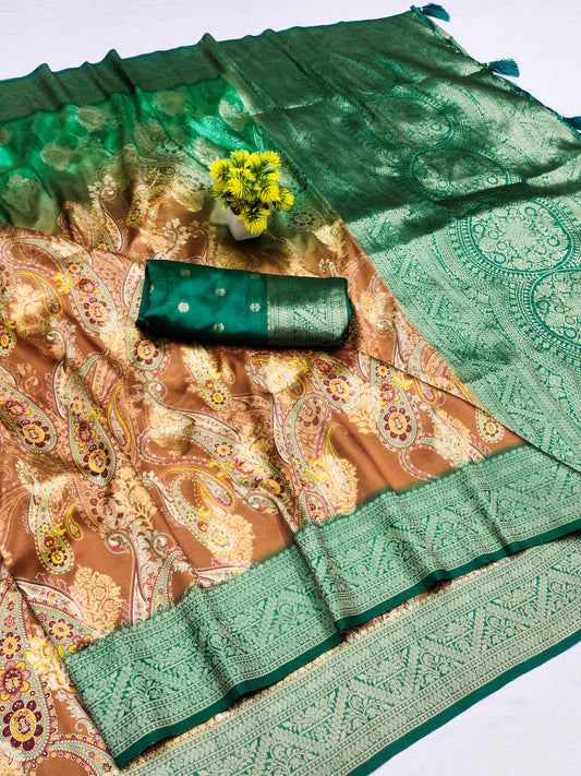 DP-SHADED ITALIAN DOLA SILK SAREE WITH BEAUTIFUL BHUTA DESIGN WITH SHADED 2 TONE COLOUR WITH RICH PALLU WITH TASSELS ATTACHED