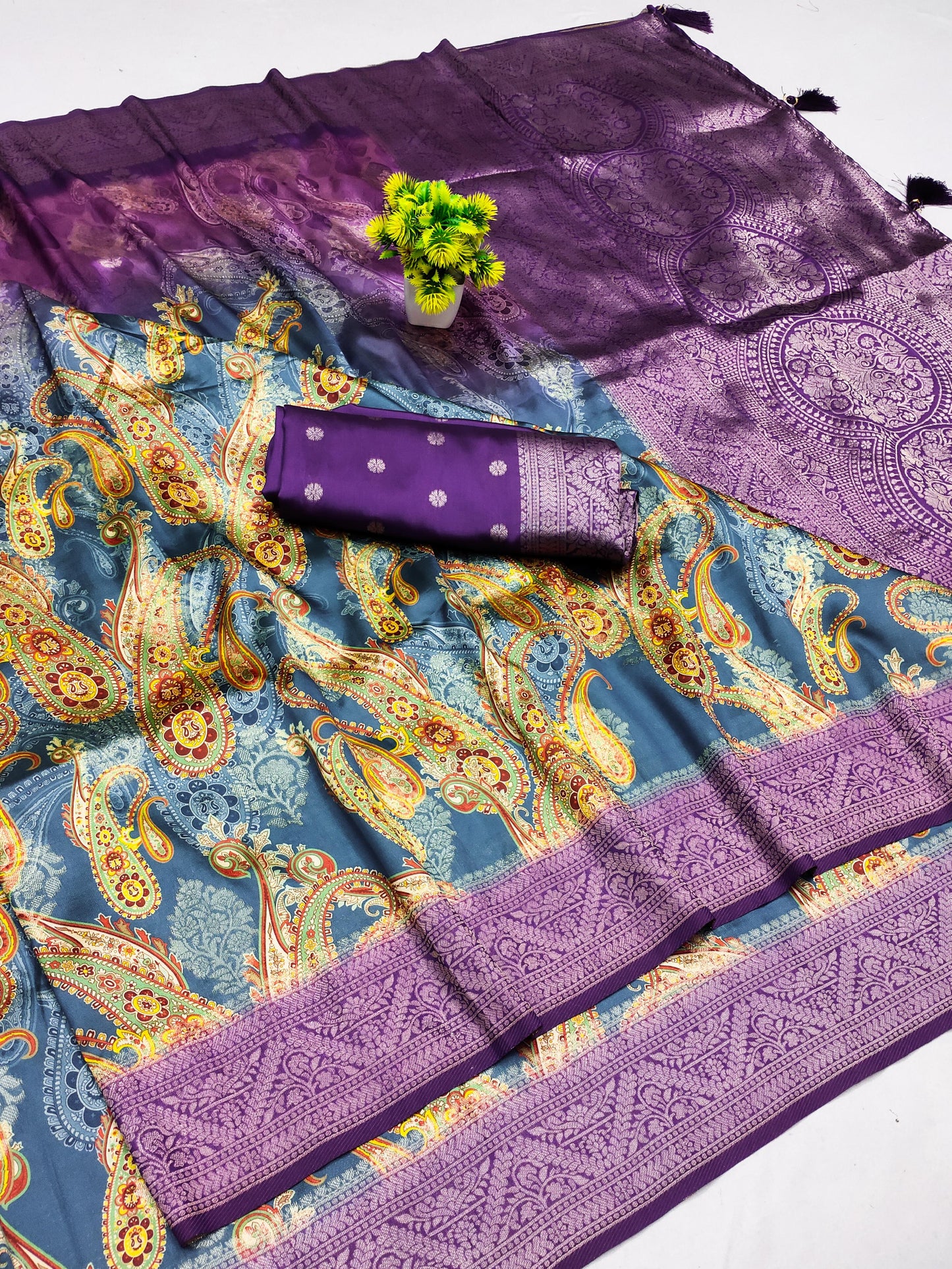 DP-SHADED ITALIAN DOLA SILK SAREE WITH BEAUTIFUL BHUTA DESIGN WITH SHADED 2 TONE COLOUR WITH RICH PALLU WITH TASSELS ATTACHED