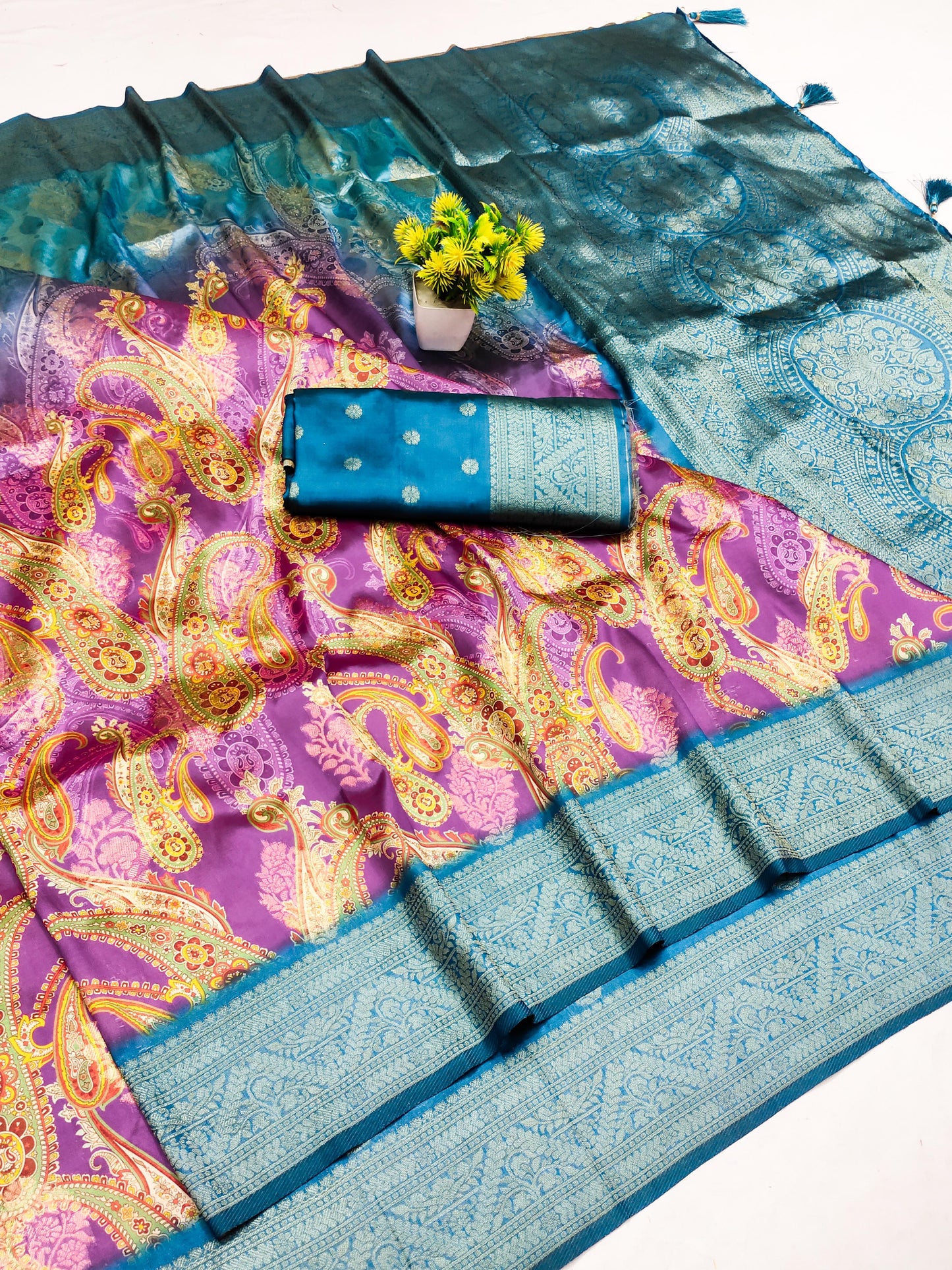 DP-SHADED ITALIAN DOLA SILK SAREE WITH BEAUTIFUL BHUTA DESIGN WITH SHADED 2 TONE COLOUR WITH RICH PALLU WITH TASSELS ATTACHED