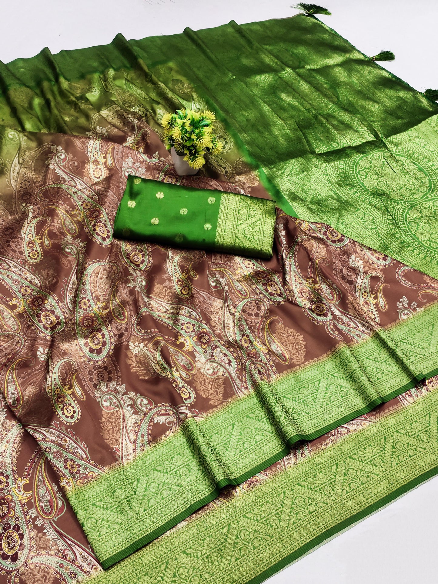 DP-SHADED ITALIAN DOLA SILK SAREE WITH BEAUTIFUL BHUTA DESIGN WITH SHADED 2 TONE COLOUR WITH RICH PALLU WITH TASSELS ATTACHED