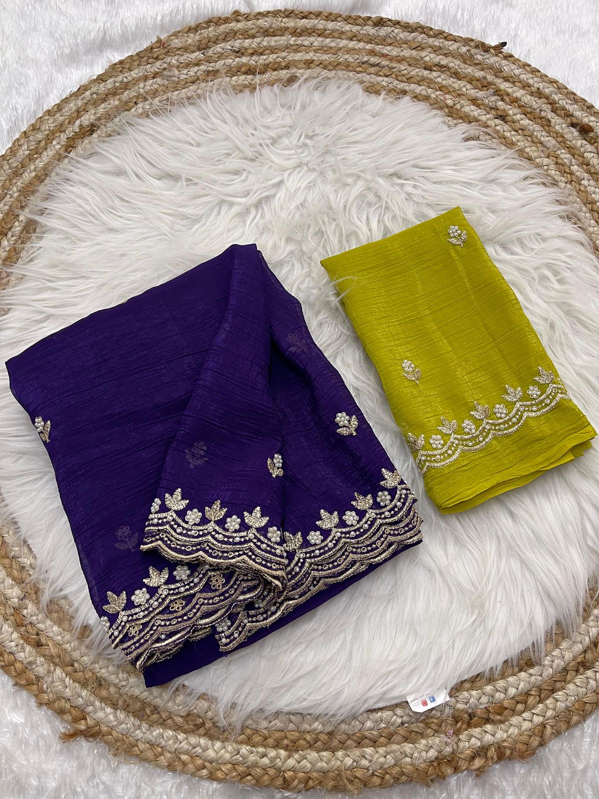 AS-1032 Crunchy chiffon saree with elegant scalap embroidery work with blouse Crunchy silk embroidery blouse work