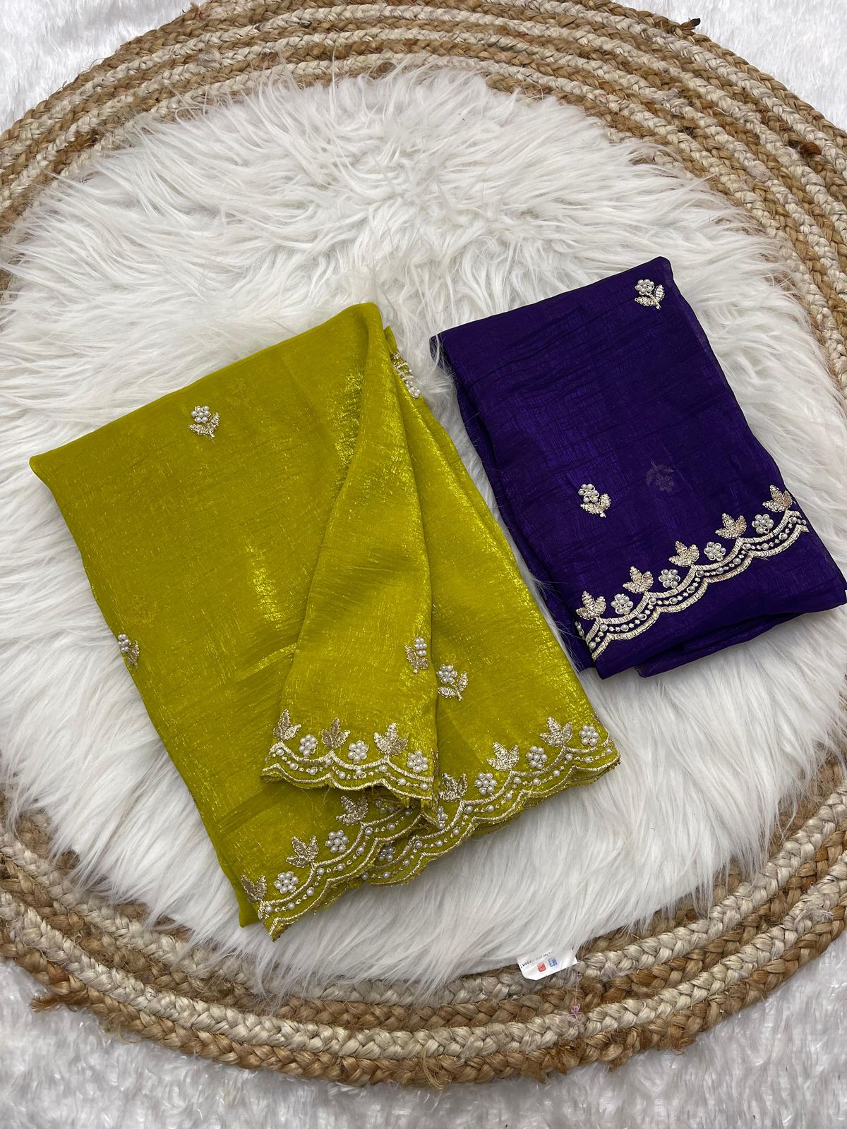 AS-1032 Crunchy chiffon saree with elegant scalap embroidery work with blouse Crunchy silk embroidery blouse work