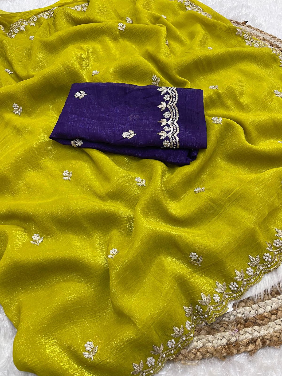 AS-1032 Crunchy chiffon saree with elegant scalap embroidery work with blouse Crunchy silk embroidery blouse work
