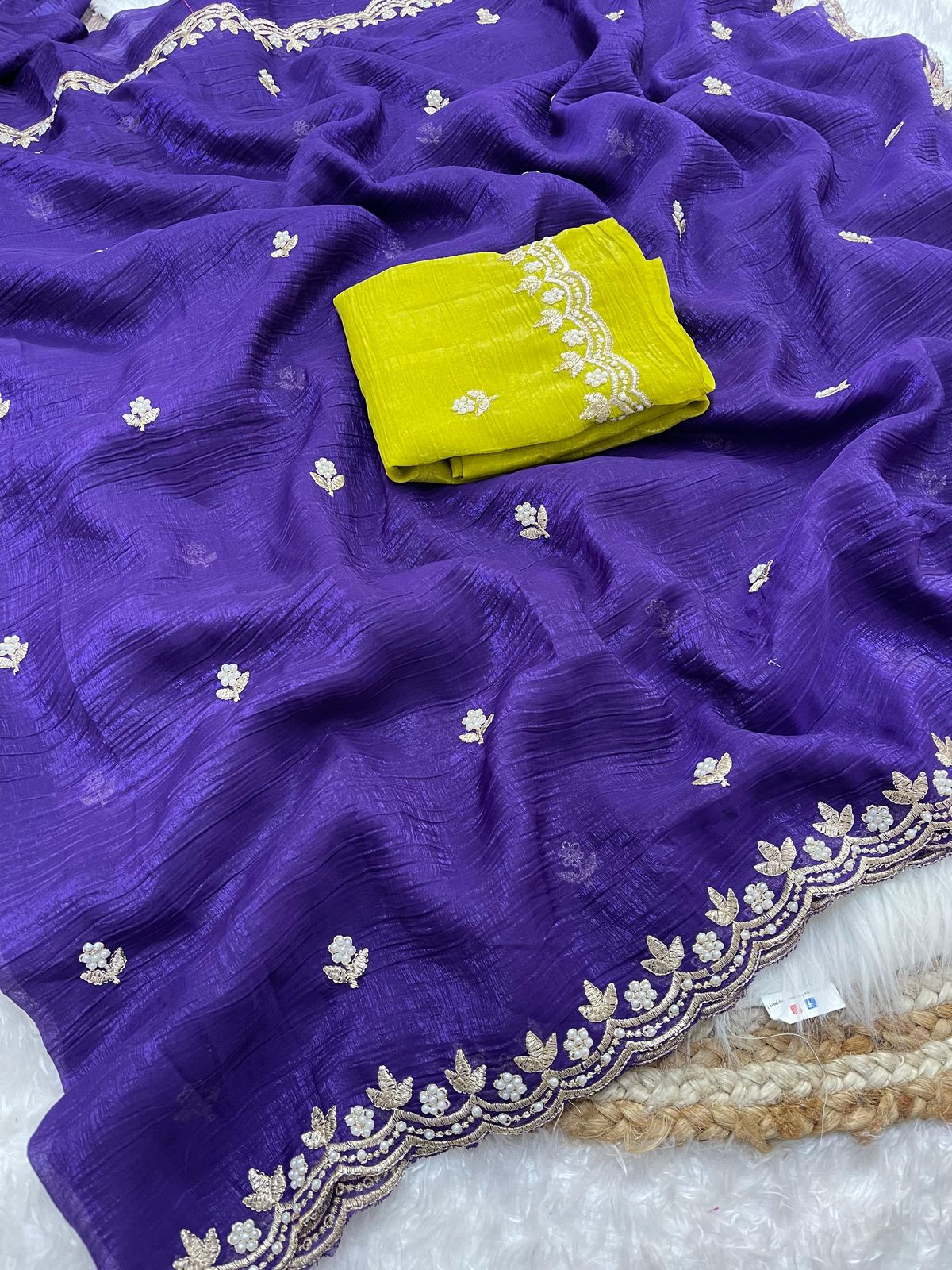 AS-1032 Crunchy chiffon saree with elegant scalap embroidery work with blouse Crunchy silk embroidery blouse work