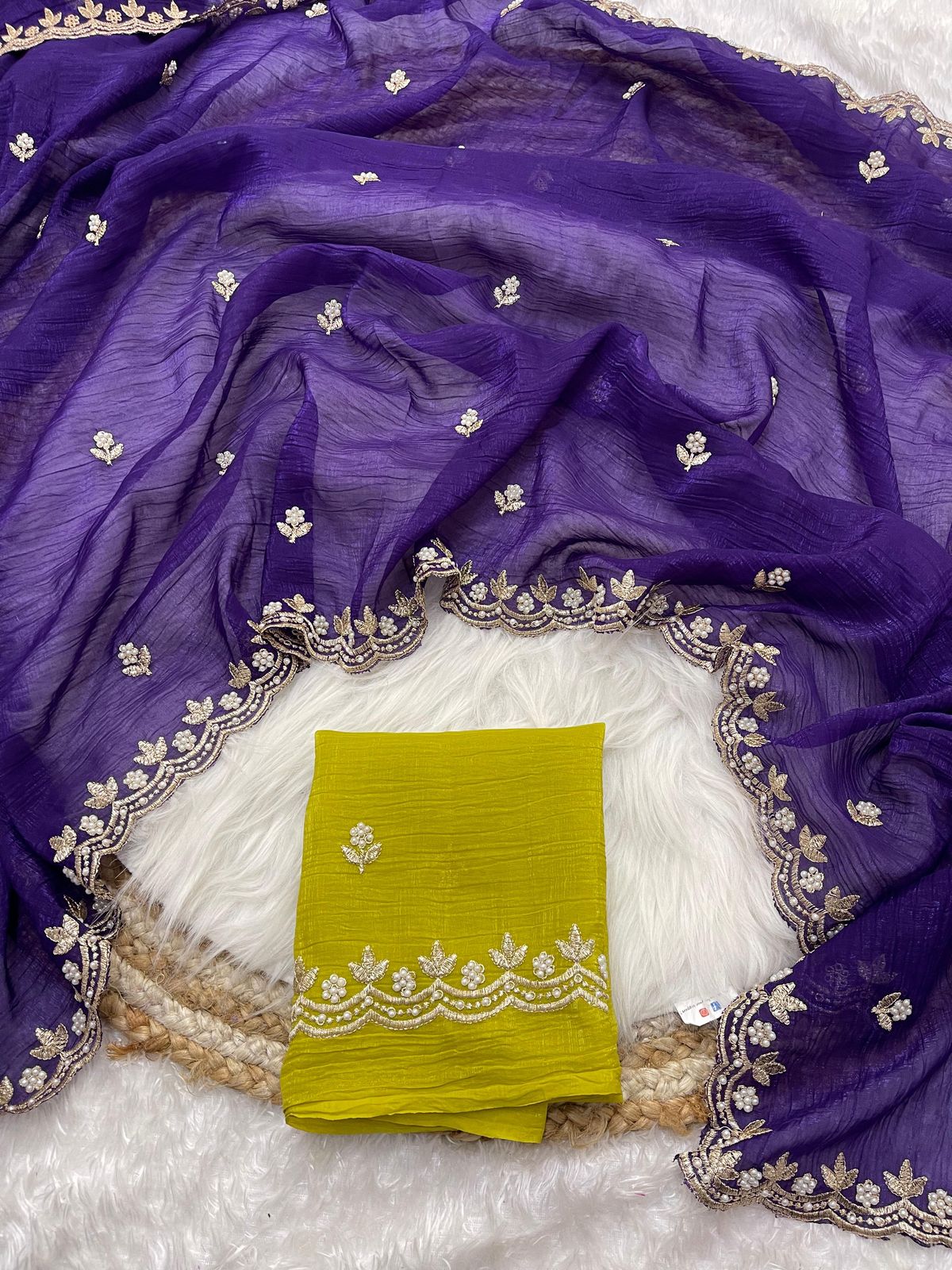 AS-1032 Crunchy chiffon saree with elegant scalap embroidery work with blouse Crunchy silk embroidery blouse work