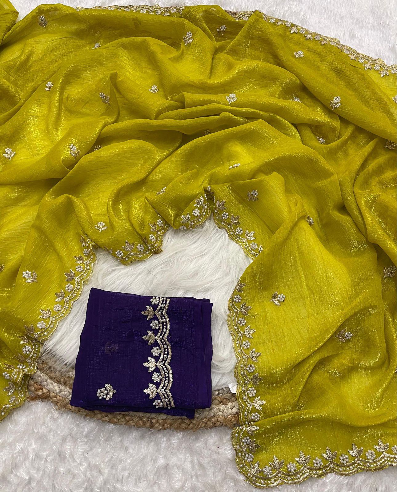 AS-1032 Crunchy chiffon saree with elegant scalap embroidery work with blouse Crunchy silk embroidery blouse work