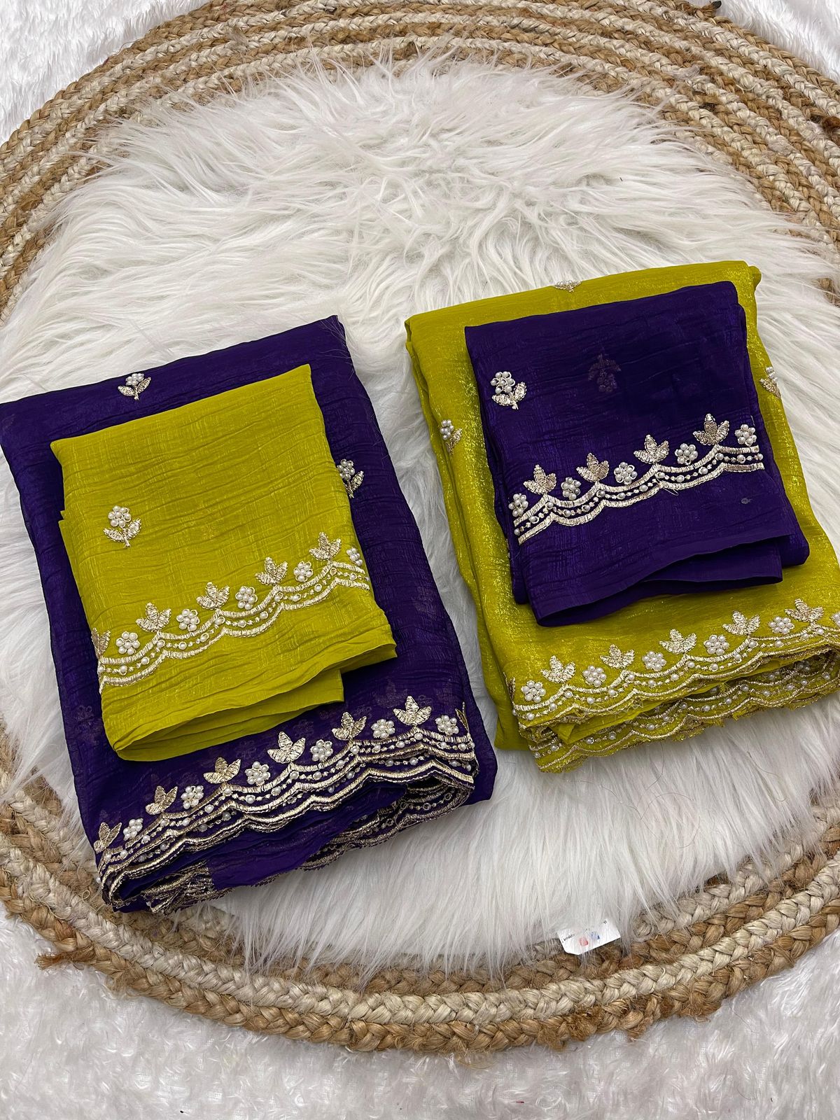 AS-1032 Crunchy chiffon saree with elegant scalap embroidery work with blouse Crunchy silk embroidery blouse work