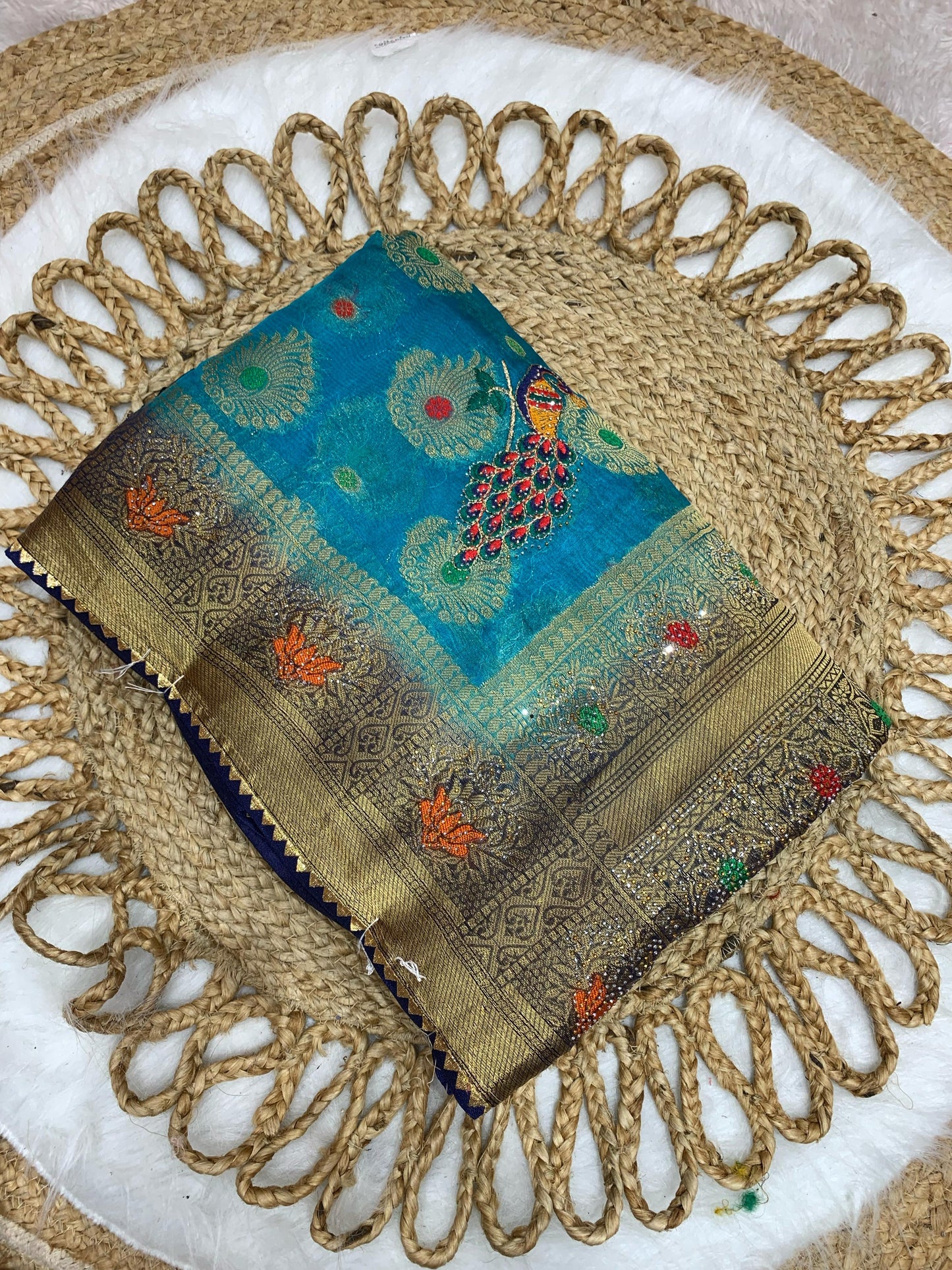 BS-KACCHI-KALI-2 DIABLE ORGANZA SAREE WITH BEAUTIFUL LAHERIA DESIGN WITH PEACOCK ALL OVER WITH HEAVY SIROSKI WORK WITH RICH PALLU TASSELS ATTACHED