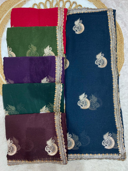 KAS-NENCY PREMIUM SIMMER SAREE WITH HEAVY COPPER AND SILVER EMBROIDERY WITH BEAUTIFUL BHUTA DESIGN