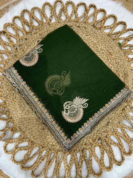 KAS-NENCY PREMIUM SIMMER SAREE WITH HEAVY COPPER AND SILVER EMBROIDERY WITH BEAUTIFUL BHUTA DESIGN