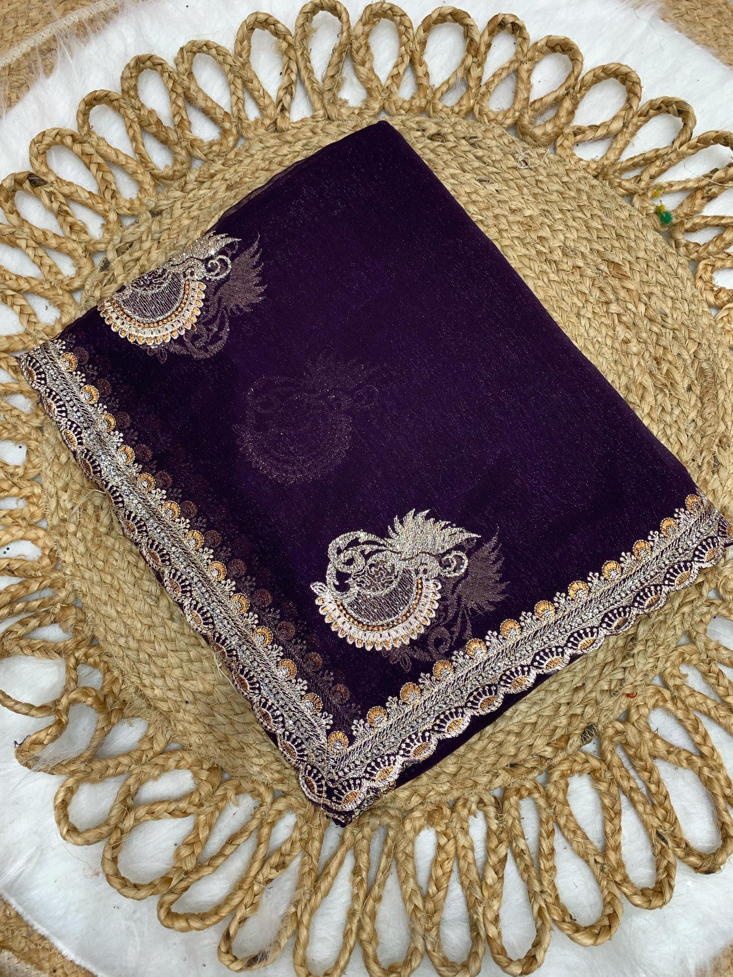 KAS-NENCY PREMIUM SIMMER SAREE WITH HEAVY COPPER AND SILVER EMBROIDERY WITH BEAUTIFUL BHUTA DESIGN