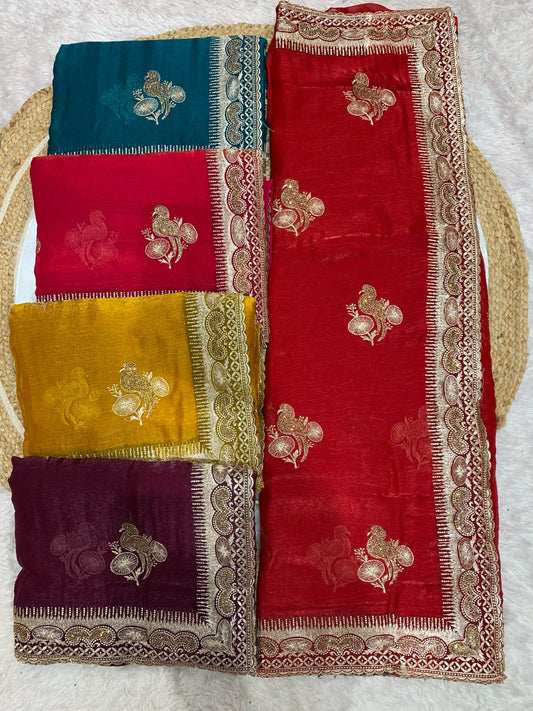 KAS-CHAHAL PREMIUM FENDI CHIFFON SAREE WITH BEAUTIFUL EMBROIDERY WORK WITH PARROT BHUTA