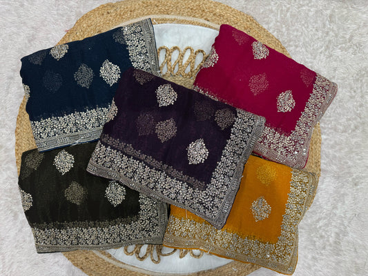 BS-PURNIMA CRUNCHY SAREE WITH BOLLYWOOD STYLE BORDER WITH BUTHI WORK WITH SILVER JARKAN DIAMOND WORK ALL OVER