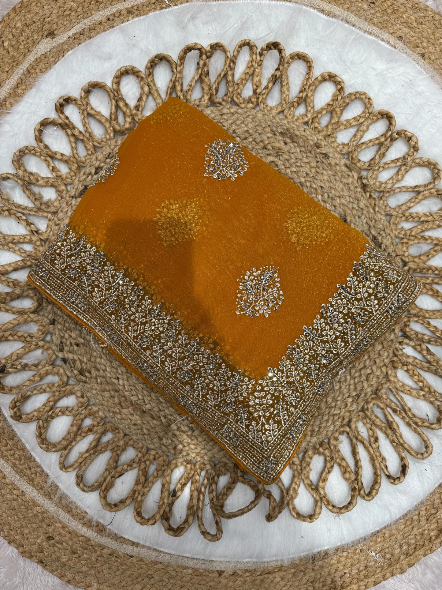 BS-PURNIMA CRUNCHY SAREE WITH BOLLYWOOD STYLE BORDER WITH BUTHI WORK WITH SILVER JARKAN DIAMOND WORK ALL OVER