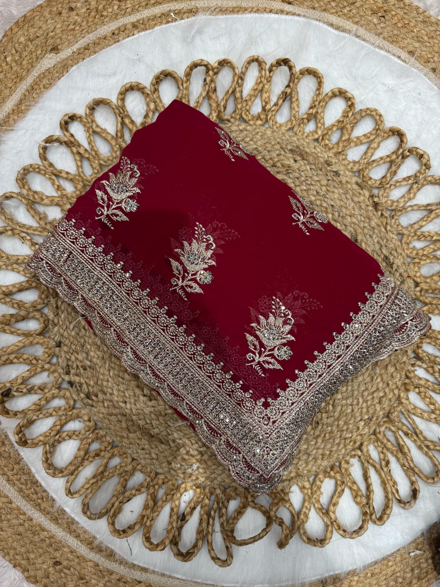 BS-SHADDI-KA-JORA BLOOMING SAREE WITH HEAVY BORDER WITH BHUTA DESIGN WITH SILVER JARKAN AND DIAMOND WORK ALL OVER