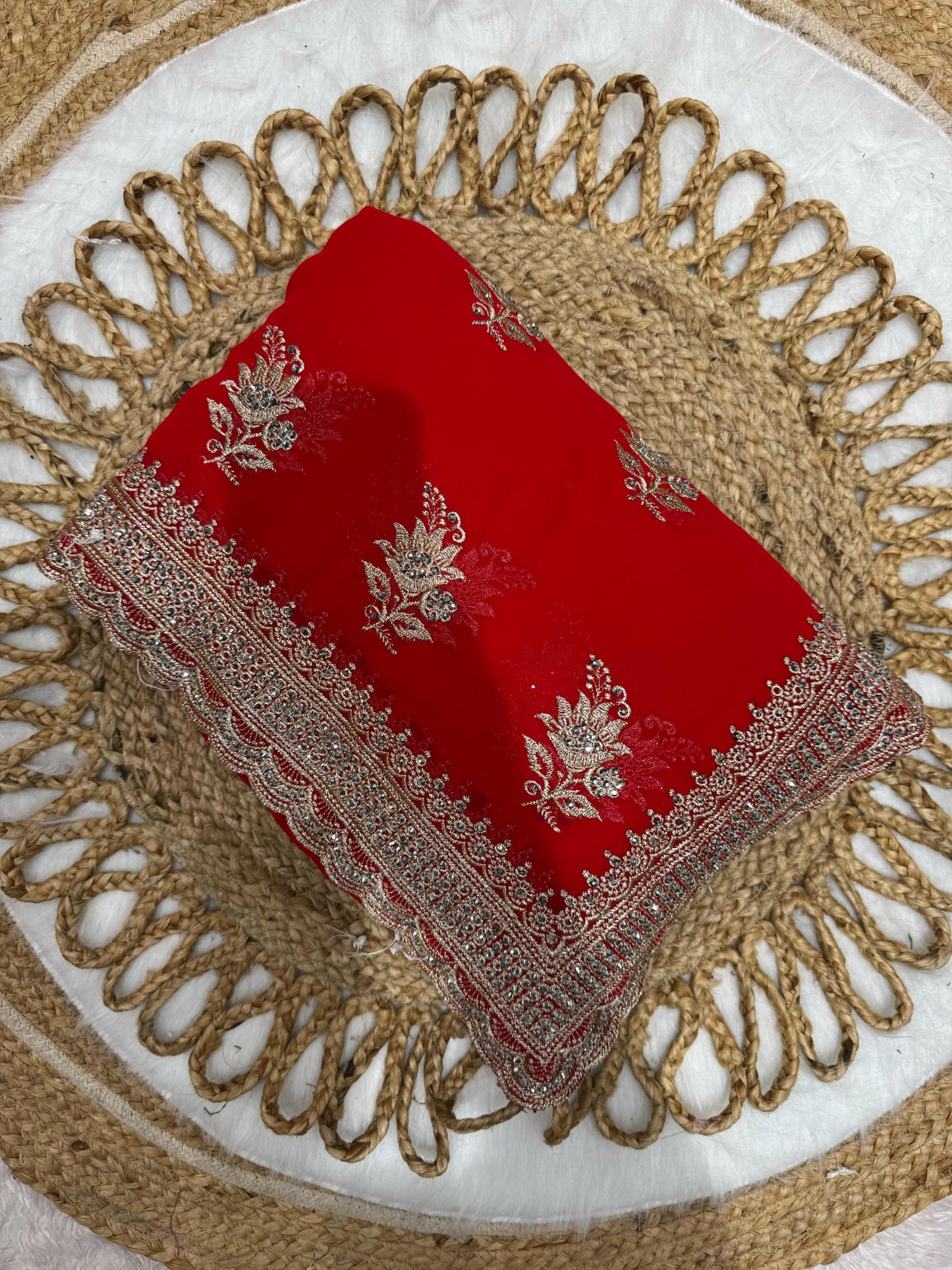 BS-SHADDI-KA-JORA BLOOMING SAREE WITH HEAVY BORDER WITH BHUTA DESIGN WITH SILVER JARKAN AND DIAMOND WORK ALL OVER
