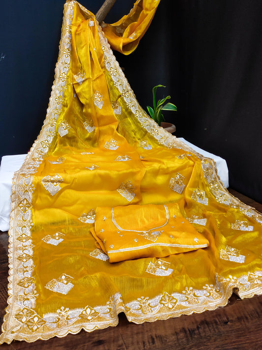 DF-DELHI FENDI CHIFFON SAREE WITH BEAUTIFUL CUTOWORK BORDER WITH EMBROIDERY AND STONE WORK WITH BHUTA  ALL OVER WITH SIROSKI