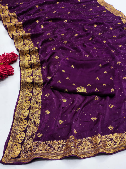 DF-DIOR FENDI CHIFFON SAREE WITH GAJRAJ DESIGN ON BORDER WITH FLOWER PATTERN WITH HEAVY BLOUSE