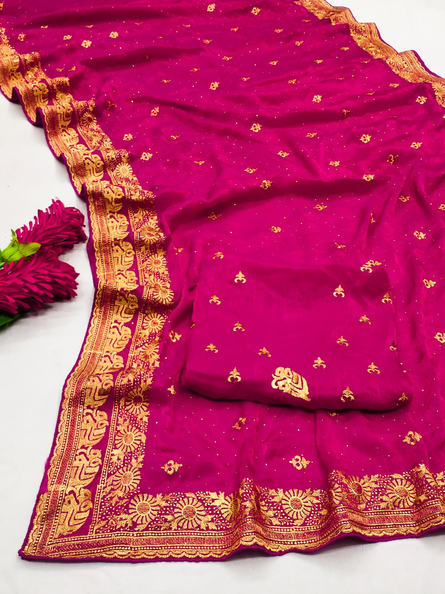 DF-DIOR FENDI CHIFFON SAREE WITH GAJRAJ DESIGN ON BORDER WITH FLOWER PATTERN WITH HEAVY BLOUSE