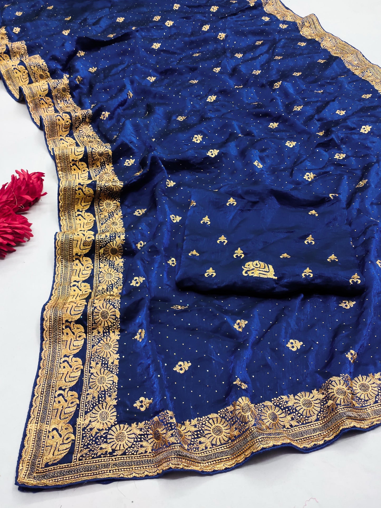 DF-DIOR FENDI CHIFFON SAREE WITH GAJRAJ DESIGN ON BORDER WITH FLOWER PATTERN WITH HEAVY BLOUSE