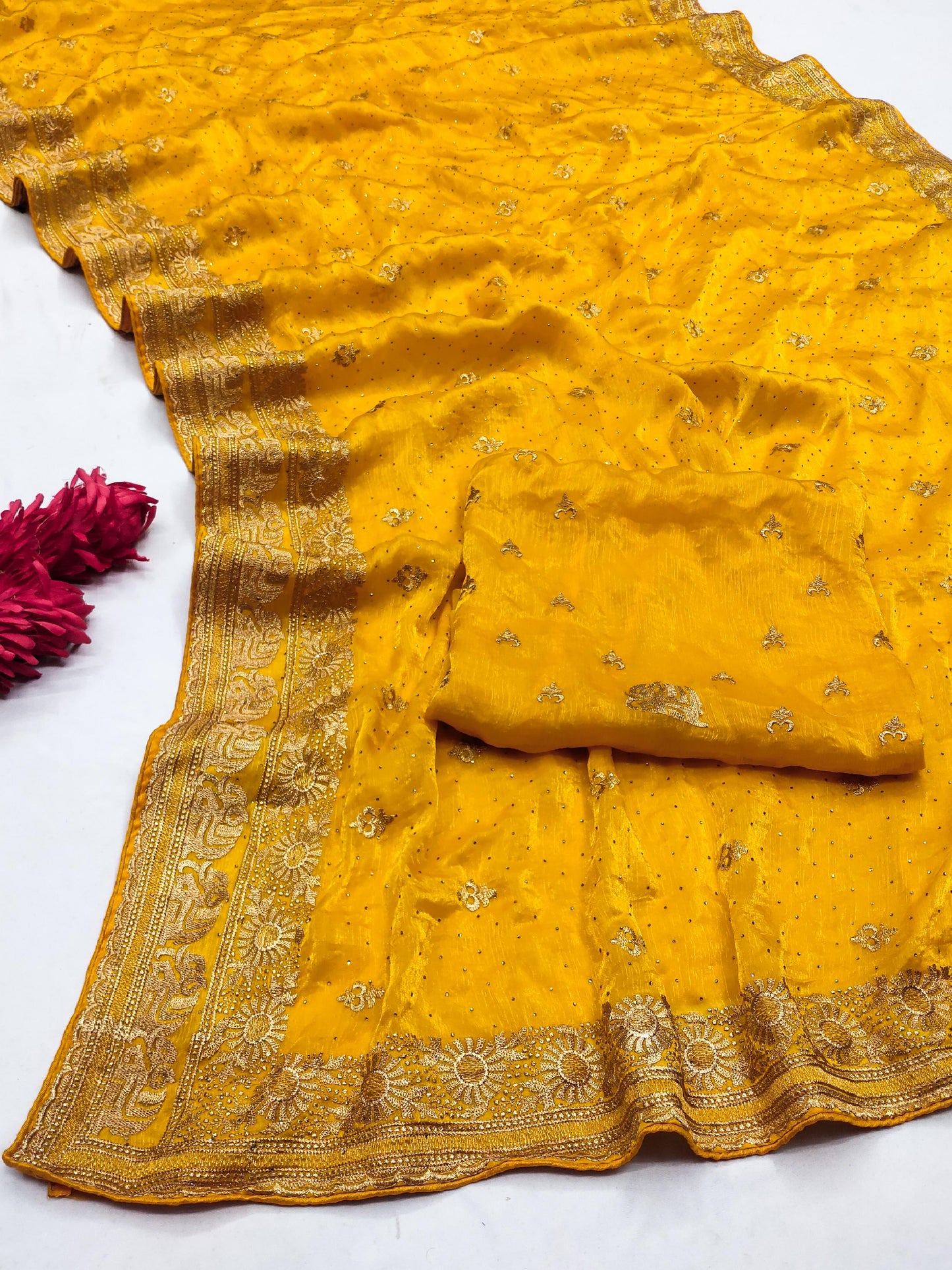 DF-DIOR FENDI CHIFFON SAREE WITH GAJRAJ DESIGN ON BORDER WITH FLOWER PATTERN WITH HEAVY BLOUSE