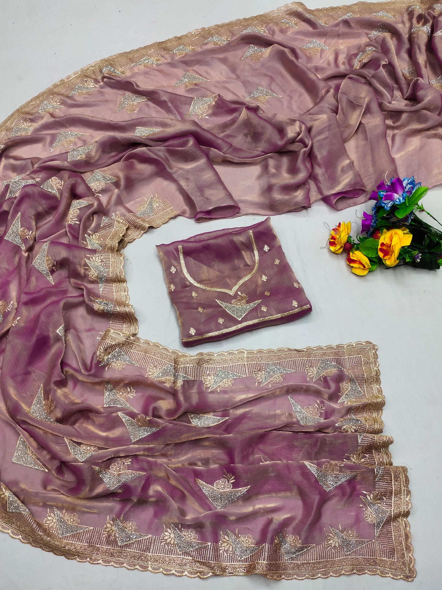 DF-DURVA PREMIUM MULMUL FENDI CHIFFON SAREE INSPIRED BY BOLLYWOOD SAREE WITH PREMIUM LIGHT COLOUR MATCHING WITH HEAVY BLOUSE