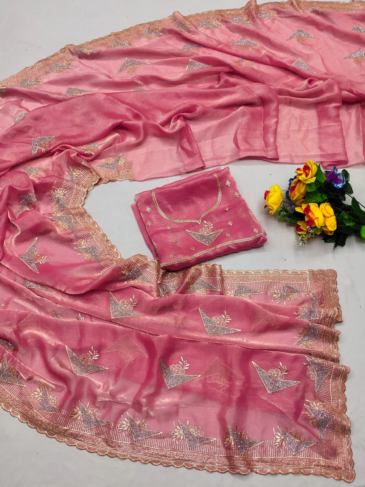 DF-DURVA PREMIUM MULMUL FENDI CHIFFON SAREE INSPIRED BY BOLLYWOOD SAREE WITH PREMIUM LIGHT COLOUR MATCHING WITH HEAVY BLOUSE
