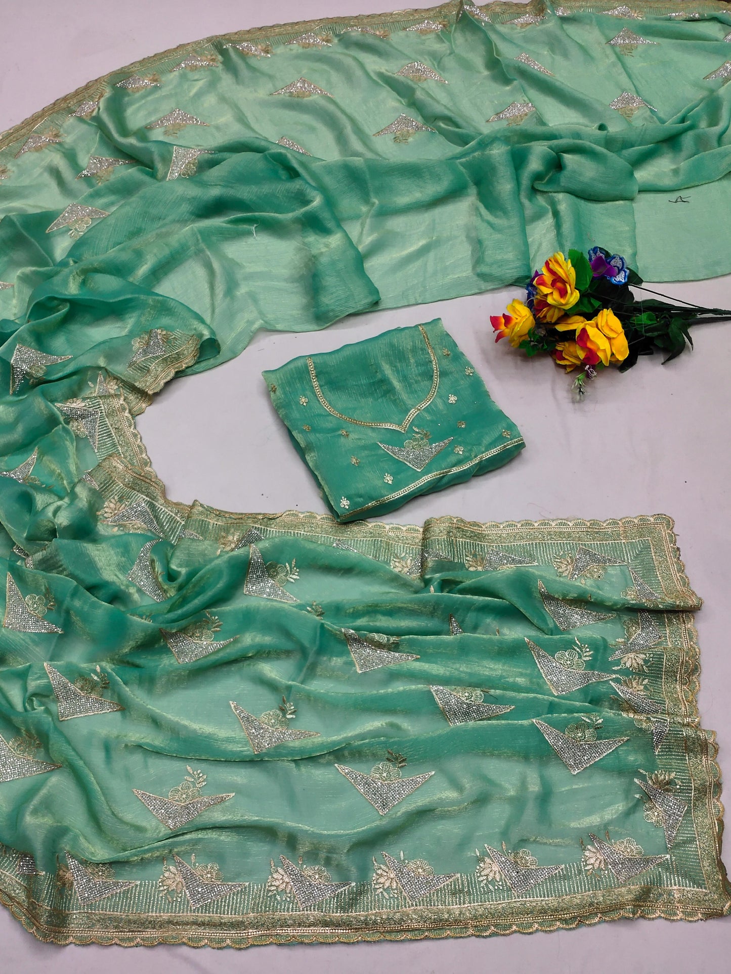 DF-DURVA PREMIUM MULMUL FENDI CHIFFON SAREE INSPIRED BY BOLLYWOOD SAREE WITH PREMIUM LIGHT COLOUR MATCHING WITH HEAVY BLOUSE