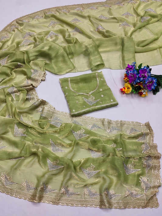 DF-DURVA PREMIUM MULMUL FENDI CHIFFON SAREE INSPIRED BY BOLLYWOOD SAREE WITH PREMIUM LIGHT COLOUR MATCHING WITH HEAVY BLOUSE